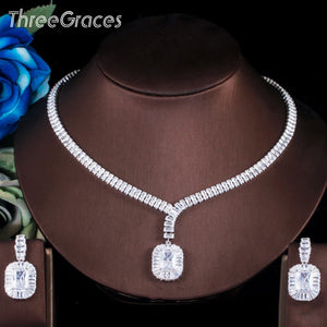 ThreeGraces Shiny White Cubic Zirconia Silver Color Big Square Dangle Earrings and Necklace Wedding Jewelry Set for Ladies TZ584
