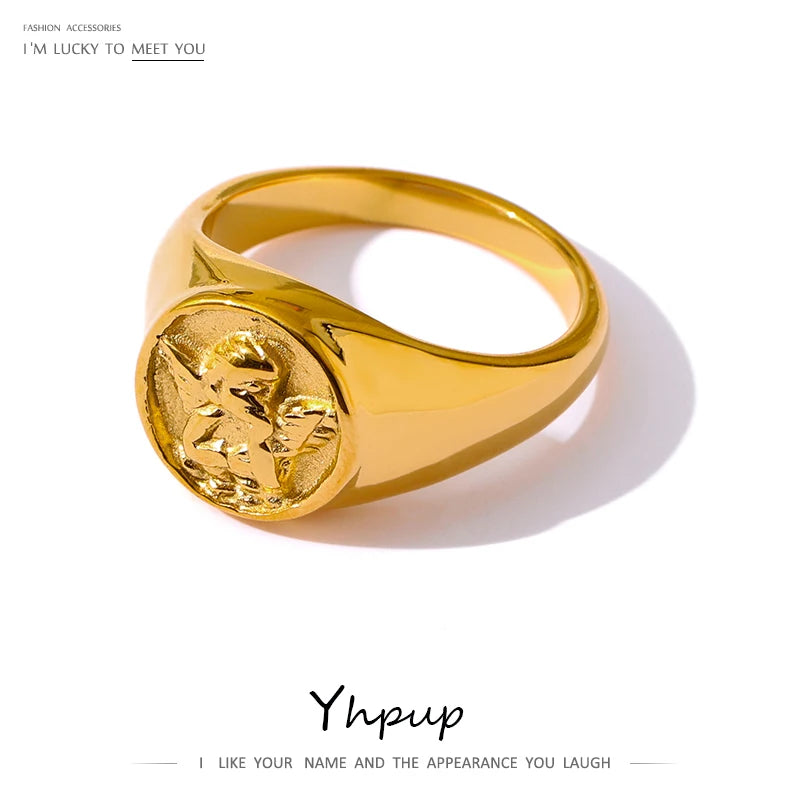 Yhpup Trendy Round Angel Ring for Women Stainless Steel Waterproof Charm Jewelry Statement Golden Metal Gala Gift Bijoux Ete