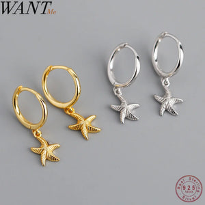 WANTME Fashion Beach Summer Starfish Hanging Stud Earrings for Women Real 100% 925 Sterling Silver Minimalist Bohemia Jewelry
