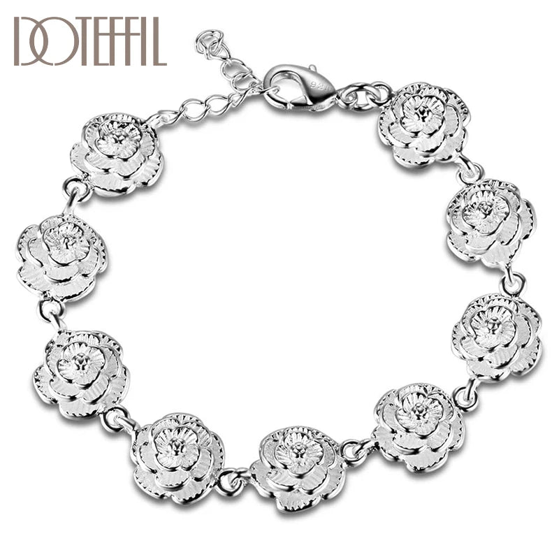 DOTEFFIL 925 Sterling Silver Full Rose Flower Chain Bracelet For Women Wedding Engagement Party Fashion Jewelry