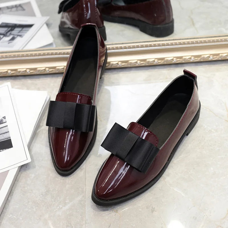 2021 New Spring Flats Women Shoes Bowtie Loafers Patent Leather Elegant Low Heels Slip on Footwear Female Pointed Toe Thick Heel