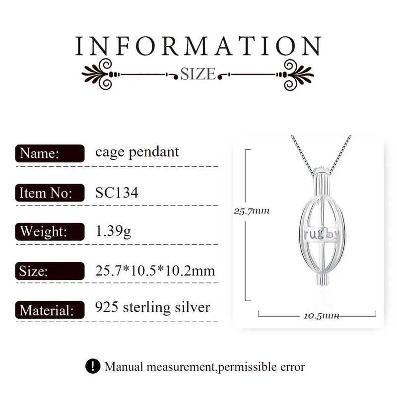 CLUCI Silver 925 Oval Rugby Shaped Cage Pendant for Pearl Women 925 Sterling Silver Rugby Sport Symbol Necklace Pendant SC134SB