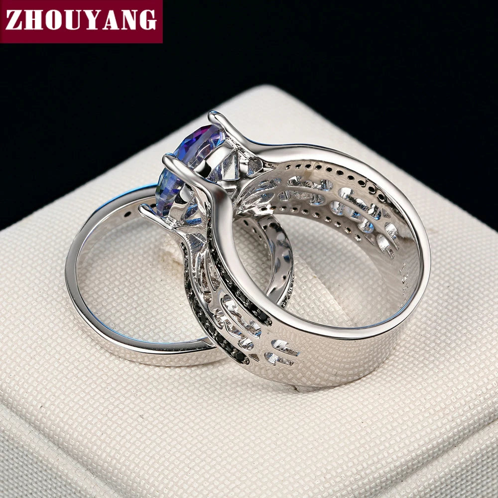 Oval Rainbow Stone Ring Sets For Women Zirconia Wedding Jewlery Silver Color Fashion Jewelry Party Top Quality Wholesale DD046