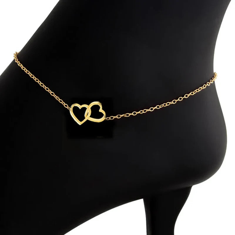 ICFTZWE Double Heart Foot Anklets For Women Stainless Steel Leg Chain Bracelet Bohemian Jewlery Accessories Gift Bijoux