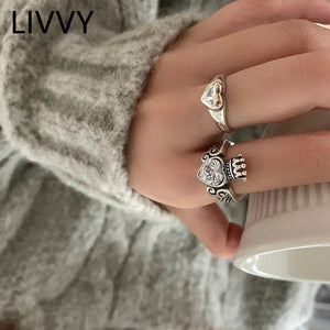 LIVVY Fashion Silver Color Princess Tiara Crown Sparkling Love Heart  Rings  For Women Couple Vintage Fashion Jewelry Gift