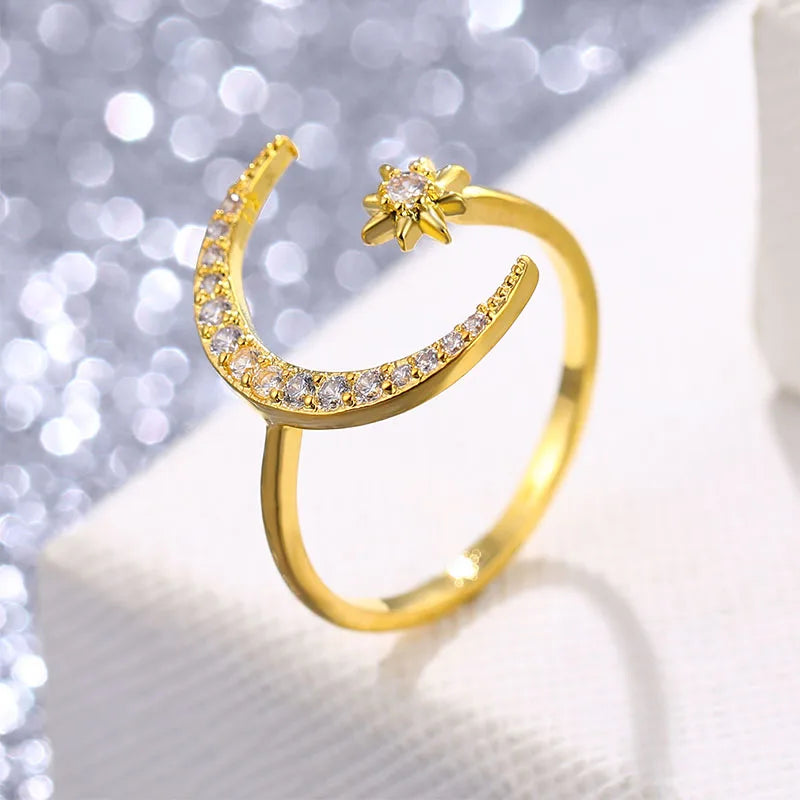 EN New Fashion Crytal Ring Moon & Star Dazzling Open Finger Rings for Women Girls Wedding Engagement Jewelry Gift