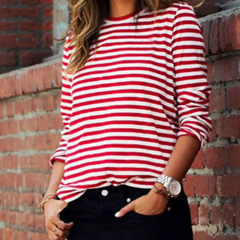 Women girls Red Striped Casual Autumn T-shirt  fashion Loose Long Sleeve Summer Spring Basic Inner Tops