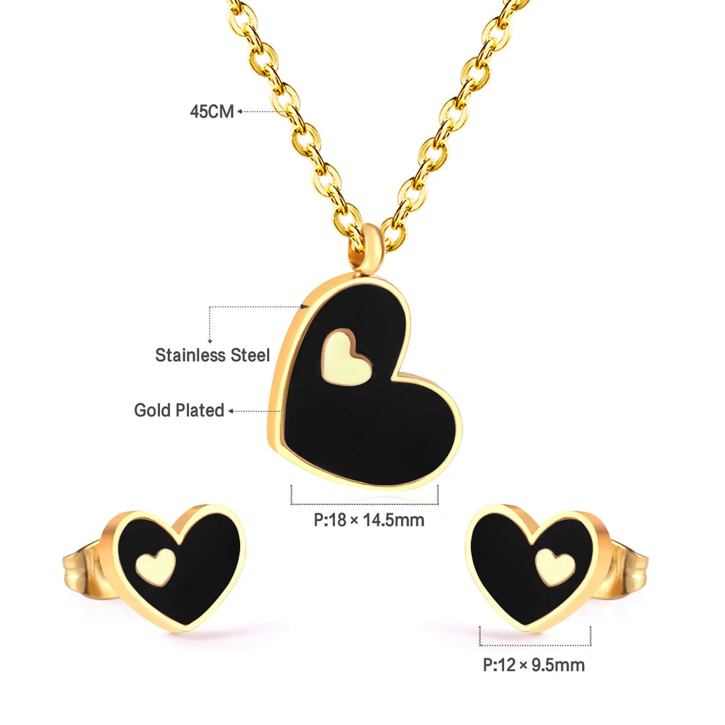 LUXUSTEEL Best Friend Gift Heart White/Black Shell Pendant Necklace Earring Sets Gold Color Choker Collars Collier Female