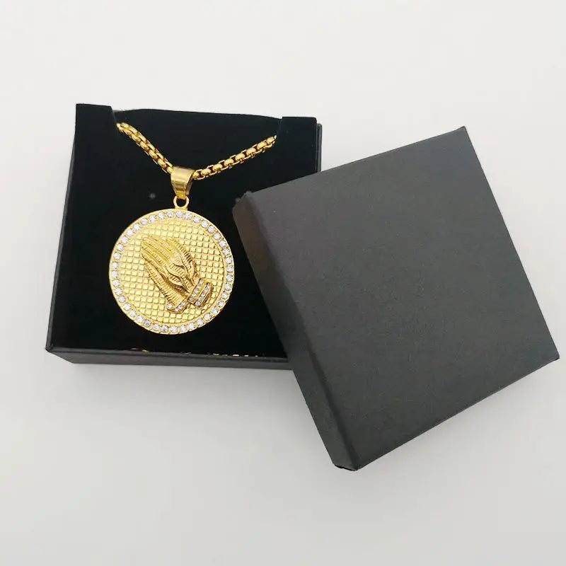 Rhinestones Praying hands pendant necklace Gold color Stainless steel round Praying hands medal necklace jewlery BLKN0798