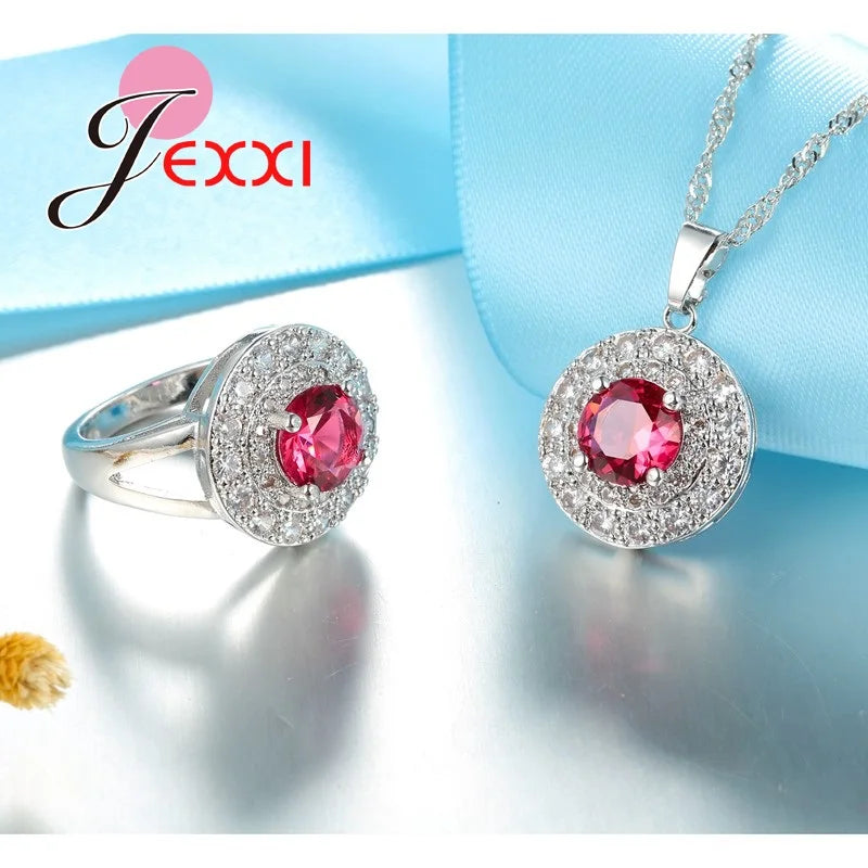 FashionJewelry Set Charm Christmas Birthday Gift Red Round CZ Design Beautiful Necklace/Pendant/Earrings/Ring