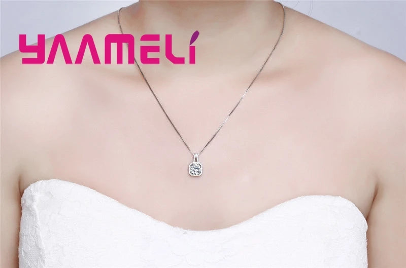 100% 925 Sterling Silver Pendant Necklaces Collar for Women Wedding Engagement Dazzling Square Cubic Zircon with Box Chain