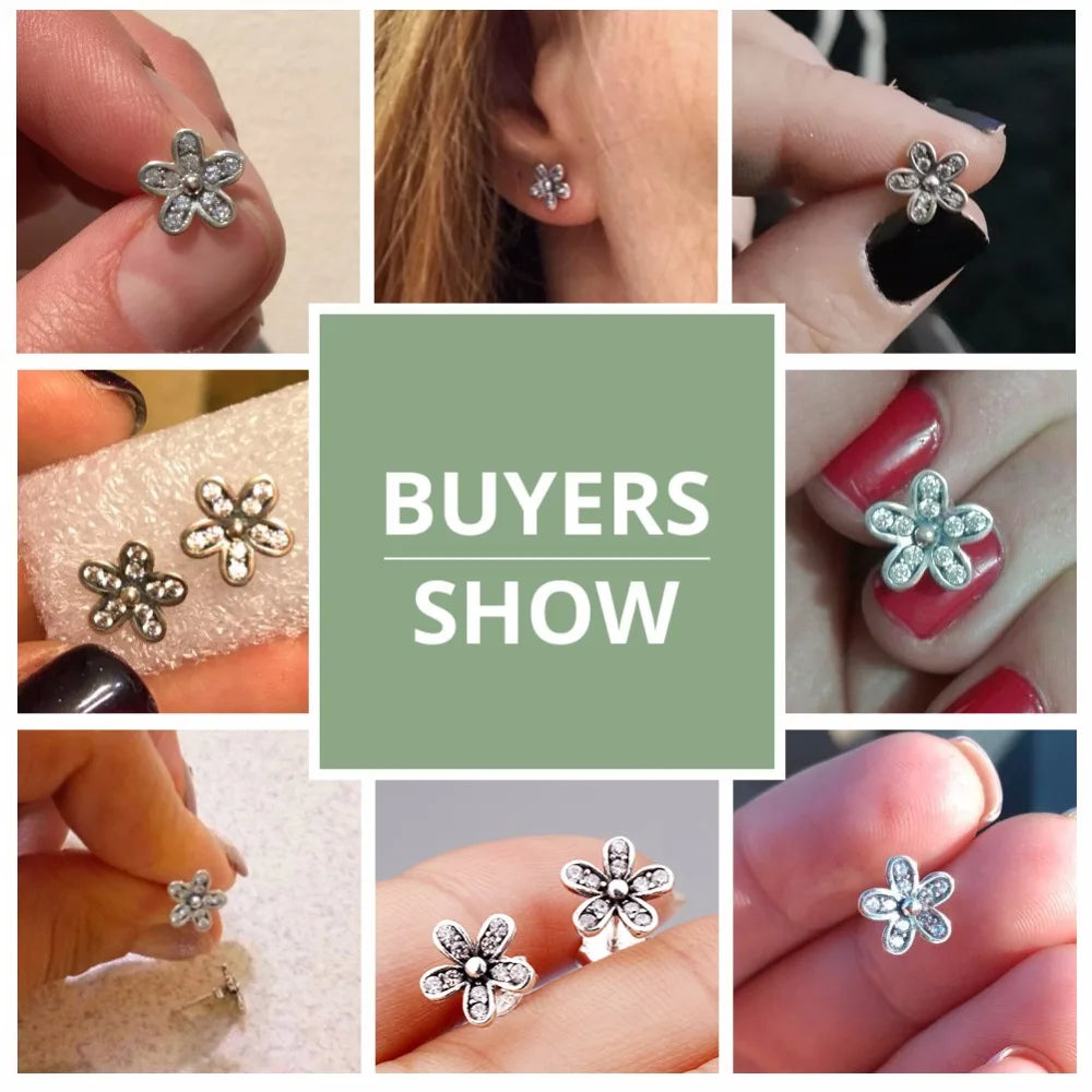 BAMOER Authentic 925 Sterling Silver Dazzling Daisy Stud Earrings With Clear CZ Jewelry