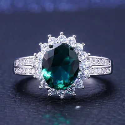 Huitan Romantic Plant Series Wedding Rings Luxury Flower Shaped Vintage Euro Style Engagement Ring With Bright Green Stone