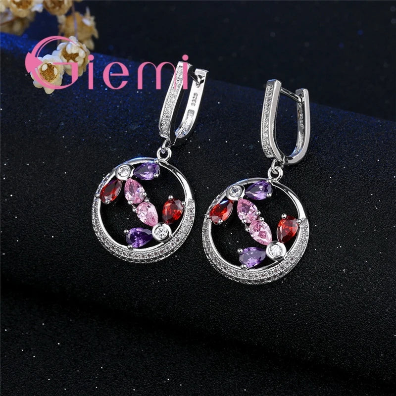 Fashion Engagement Fine Jewelry Sets Hot Hollow Round Shape Luxury 925 Sterling Silver  Necklace Earrings for Women Female