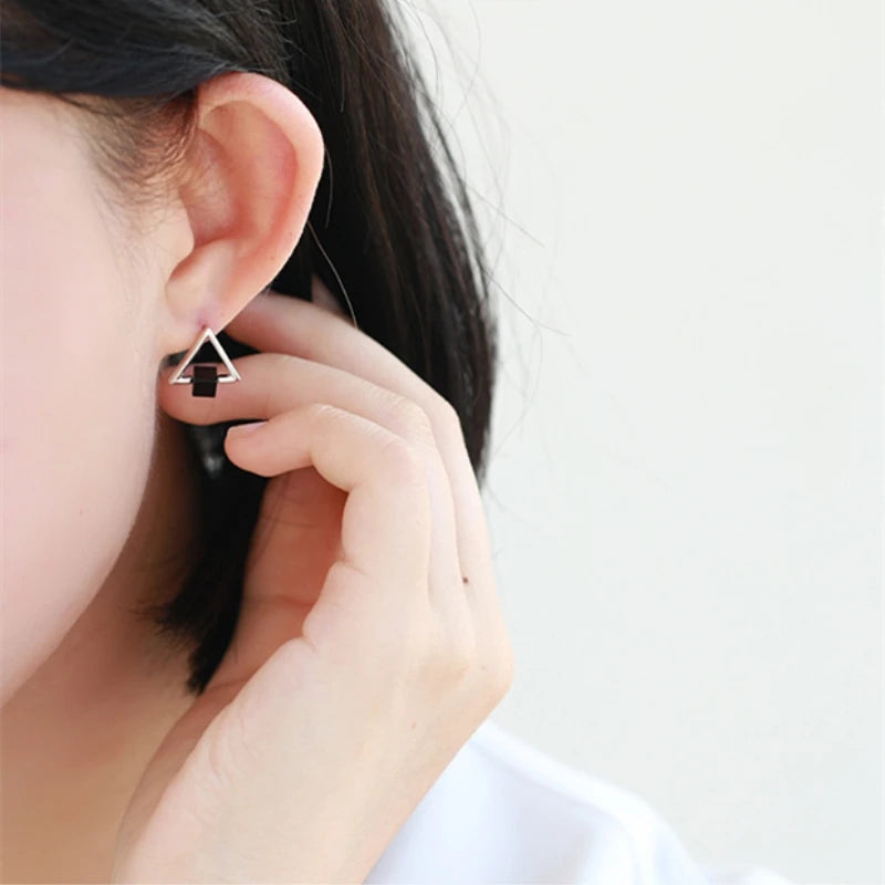 Triangle Square Black Elegant Korea Silver Color Trendy Female Stud Earrings For Women Girl Luxury Jewelry Party Gift