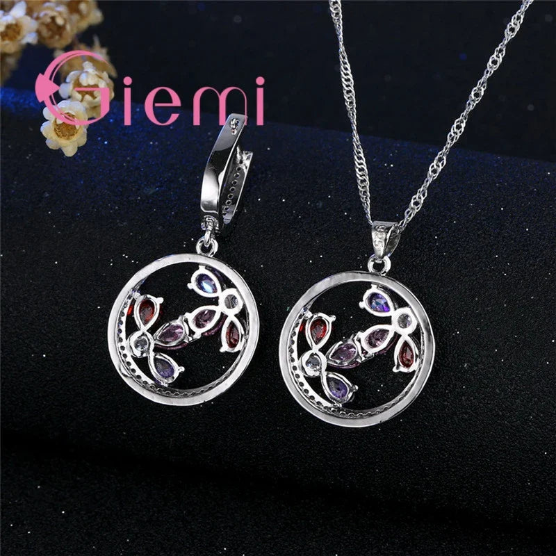 Fashion Engagement Fine Jewelry Sets Hot Hollow Round Shape Luxury 925 Sterling Silver  Necklace Earrings for Women Female