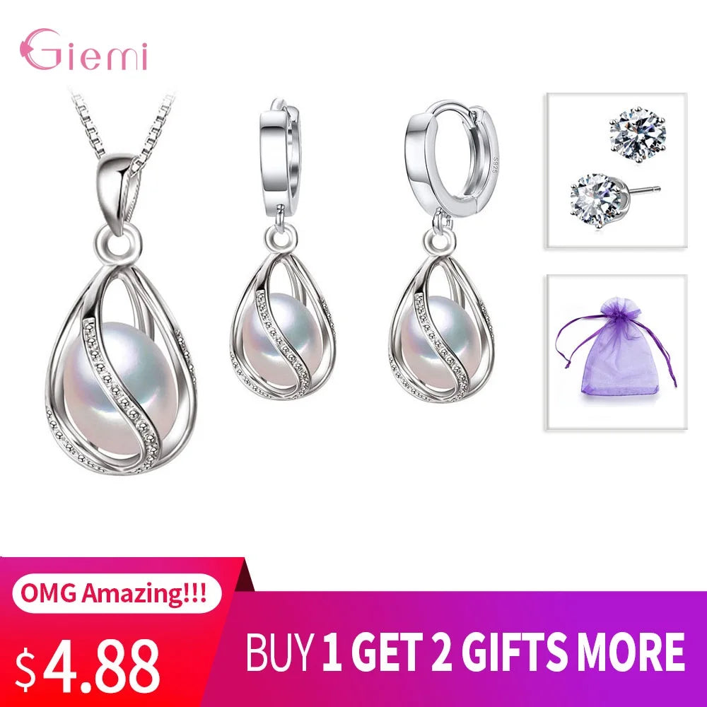 Top Sale Wedding Party Jewelry Sets 925 Sterling Silver Pearl Water Drop Tear Pendant Necklace Hoop Earrings Buy 1 Get 2 Gifts