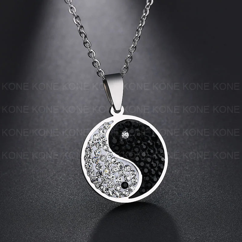 UZone Stainless Steel Zircon Yin Yang Tai Chi Pendant Necklace Zircon Coin Symbol Necklace for Women best friends Jewelry Gift