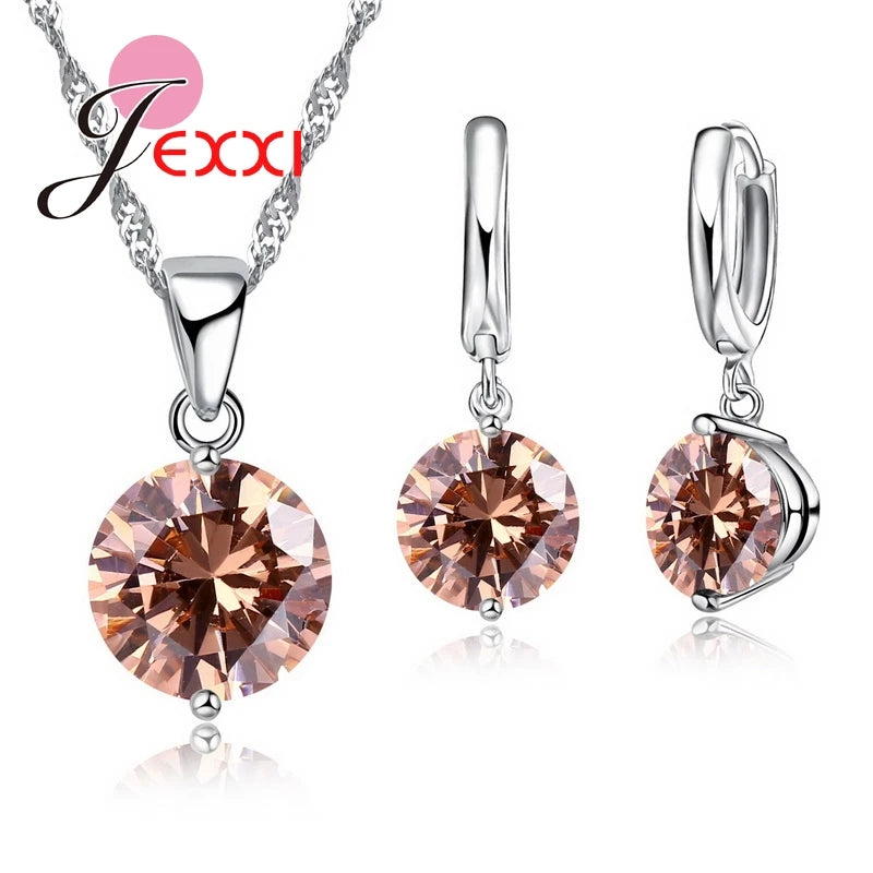 Trendy 8 Colors Cubic Zirconia 925 Sterling Silver Drop Earrings Necklace Set Women Wholesale Statement Jewelry Sets Gifts