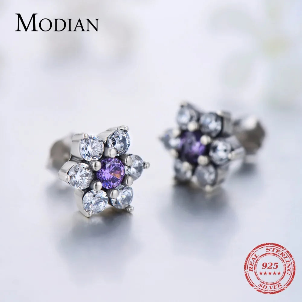 Modian High Quality 100% 925 Sterling Silver Flower Purple Crystal Stud Earrings Fashion CZ for Women Wedding Jewelry Gift