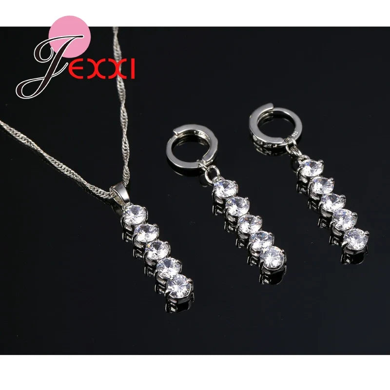 Charming Bridal Jewelry Sets Women 925 Sterling Silver  Pendant Set Crystal Shinning Necklace Drop Earrings