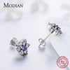 Modian High Quality 100% 925 Sterling Silver Flower Purple Crystal Stud Earrings Fashion CZ for Women Wedding Jewelry Gift