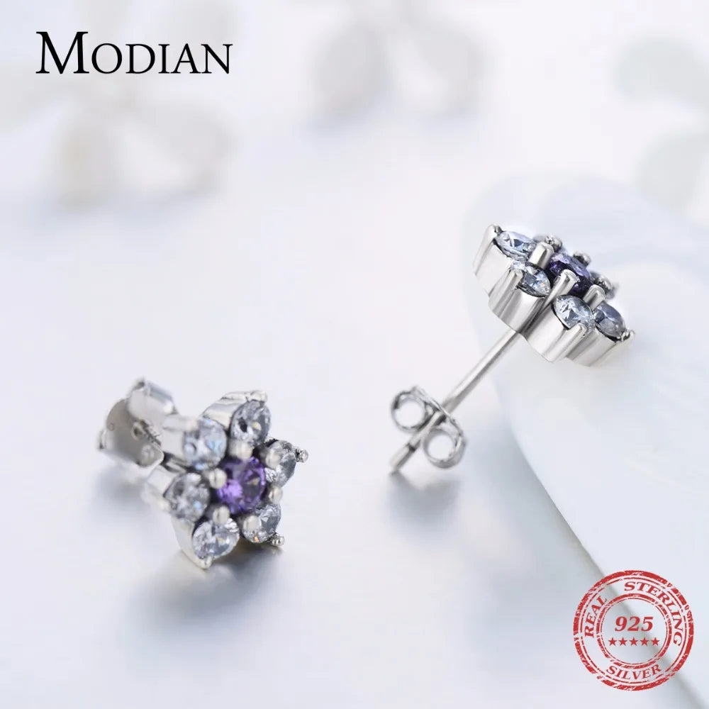 Modian High Quality 100% 925 Sterling Silver Flower Purple Crystal Stud Earrings Fashion CZ for Women Wedding Jewelry Gift