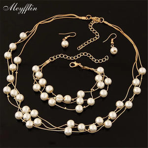 Jewelry Sets for Women Fashion Simulated Pearl Choker Necklace Earrings and Bracelet Set  Multilayer Wedding Jewelry Bijoux