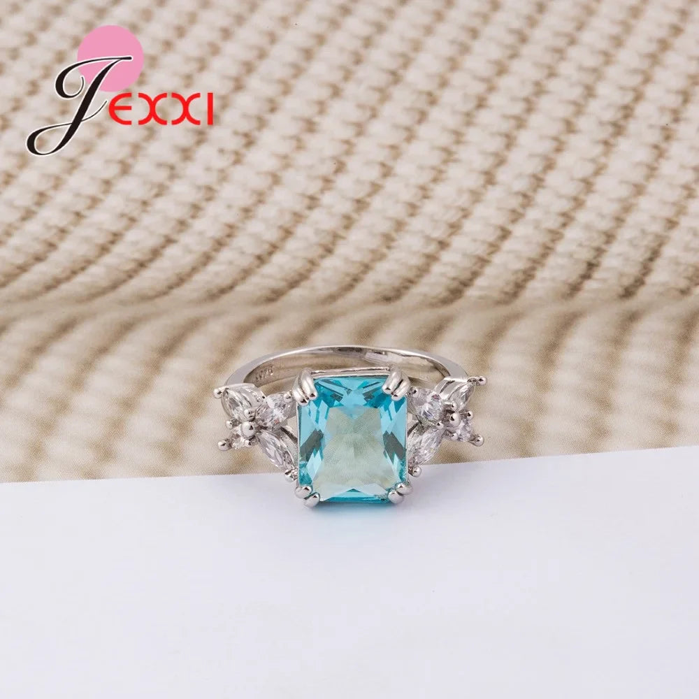 New Fashion Women Girls Party Engagment Jewelry 925 Sterling Silver Needle    Geometric Ring With Fine Square Bule Crystal