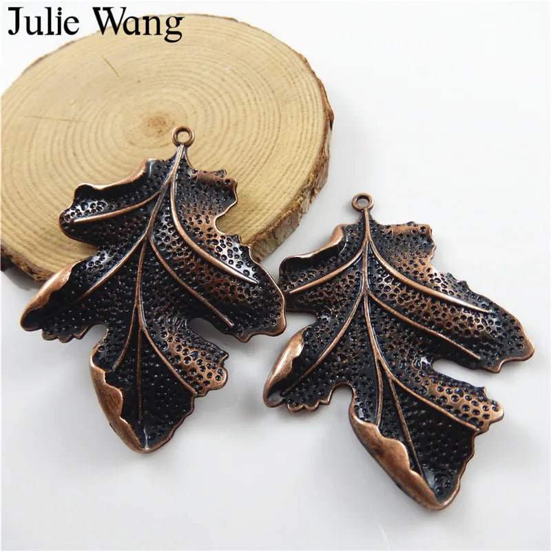 Julie Wang 2pcs Alloy Antique Copper Leaves Charms Necklace Pendants Earrings Findings Jewelry Making Accessory