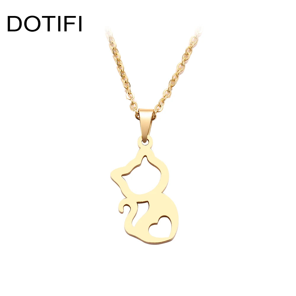 DOTIFI  Stainless Steel Necklace For Women Cute kitten Gold Color Pendant Necklace Engagement Jewelry