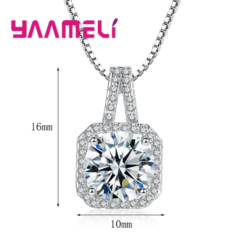 100% 925 Sterling Silver Pendant Necklaces Collar for Women Wedding Engagement Dazzling Square Cubic Zircon with Box Chain