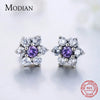 Modian High Quality 100% 925 Sterling Silver Flower Purple Crystal Stud Earrings Fashion CZ for Women Wedding Jewelry Gift