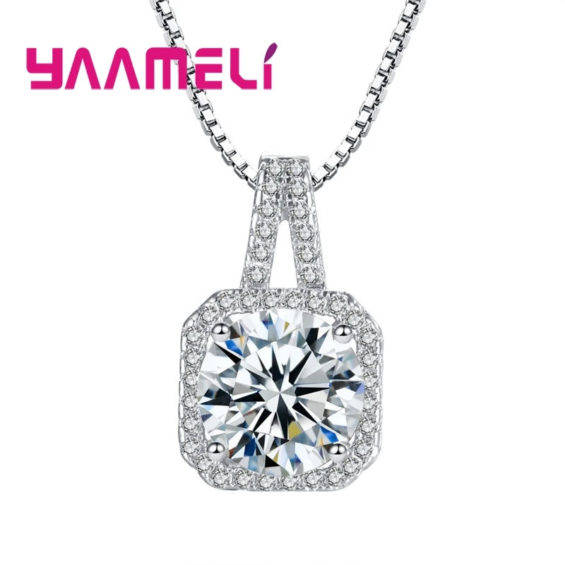 100% 925 sterling silver pendant necklaces collar for women wedding engagement dazzling square cubic zircon with box chain