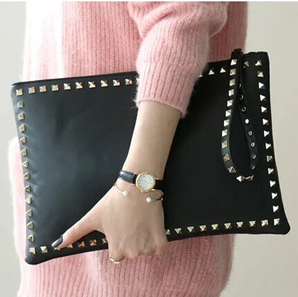 Woman fashion PU rivet new big envelope clutch bag black