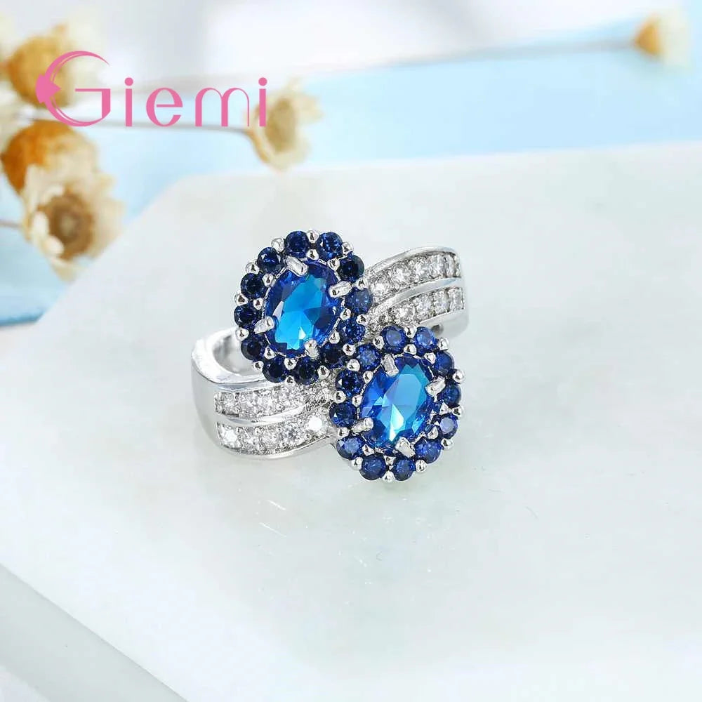 Fashion Vintage Women Rings 925 Sterling Silver  Jewelry Timbre Perfect Blue Crystal Pretty Gifts For Friends Finger Rings