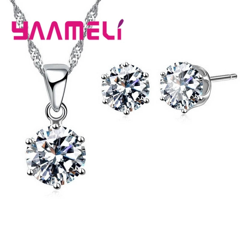 Promotions Fashion 925 Sterling Silver Six Claws Necklace With Stud Earrings Jewlery Sets For Women Wedding Engagement