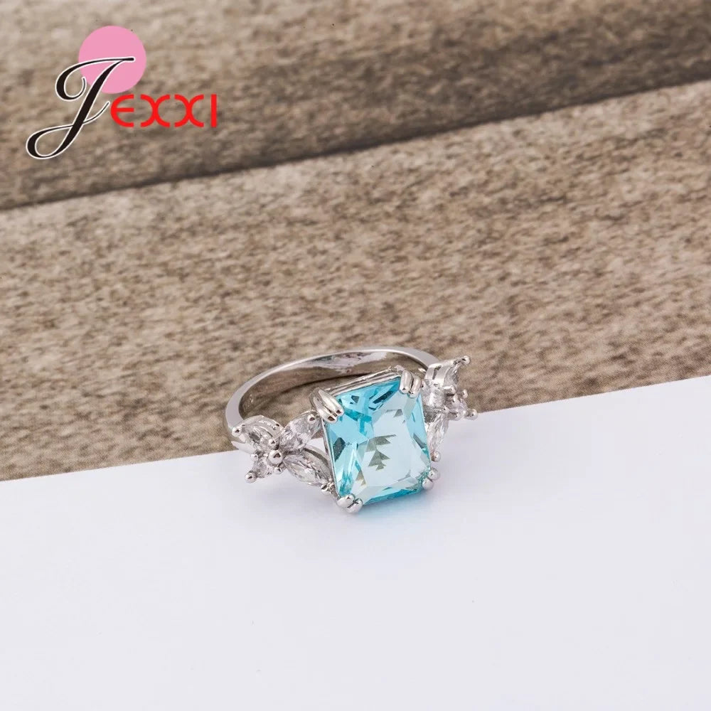 New Fashion Women Girls Party Engagment Jewelry 925 Sterling Silver Needle    Geometric Ring With Fine Square Bule Crystal