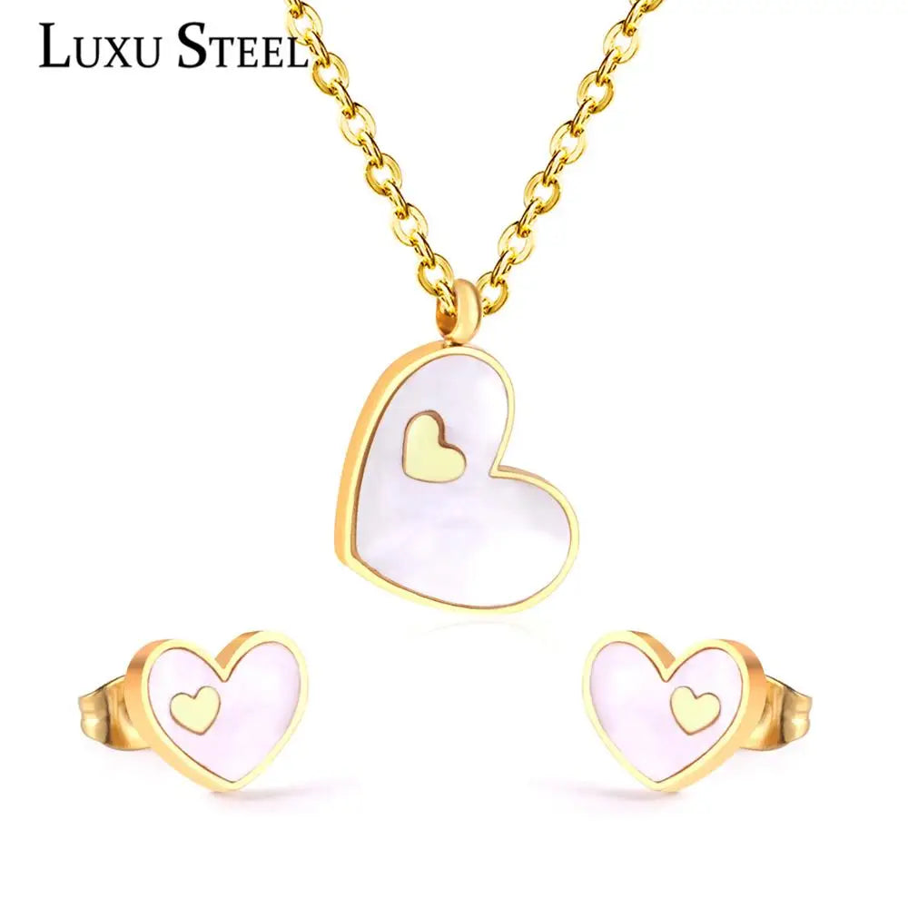 LUXUSTEEL Best Friend Gift Heart White/Black Shell Pendant Necklace Earring Sets Gold Color Choker Collars Collier Female