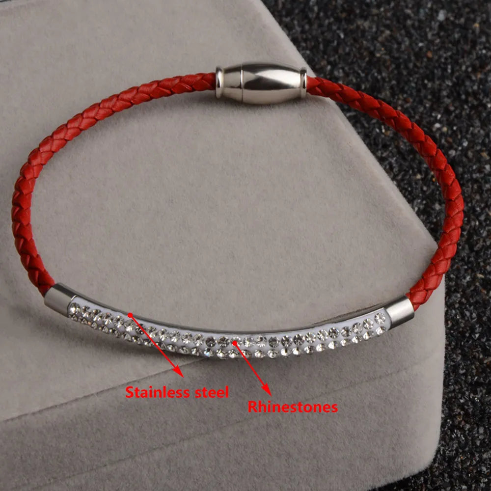 Chanfar Genuine Leather Bracelet For Women Rhinestone Pave Stainless Steel Magnetic Clasp Wrap Women Bracelet Simple Jewelry