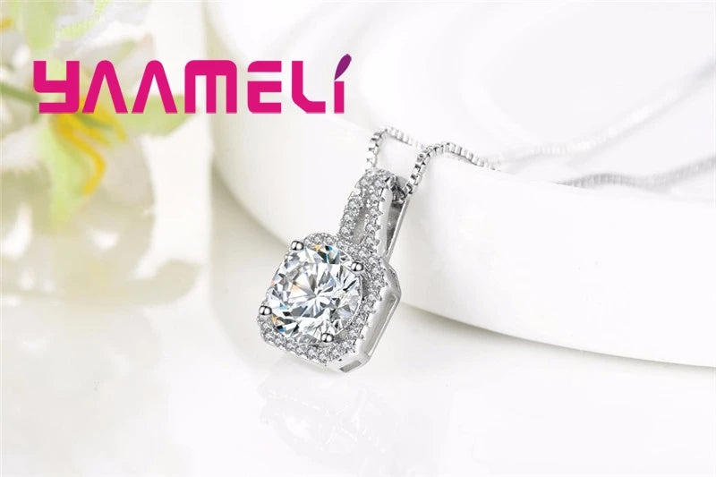 100% 925 Sterling Silver Pendant Necklaces Collar for Women Wedding Engagement Dazzling Square Cubic Zircon with Box Chain