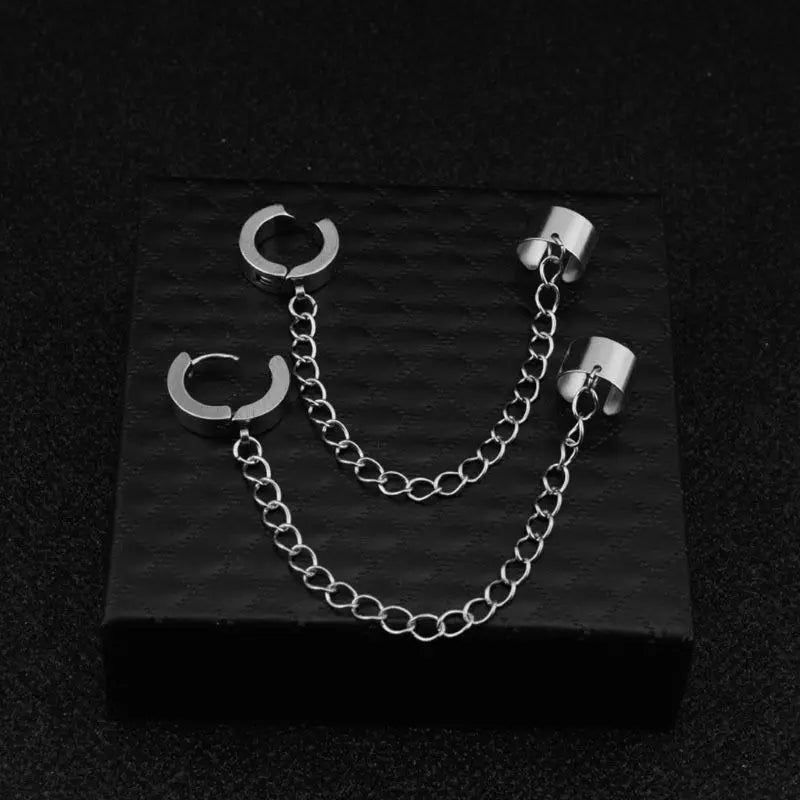 Korean Fashion Hip Hop Chain Earrings Steel Chain Threader Drop Cuff Double Chain Piercing Earrings Unisex Jewelry