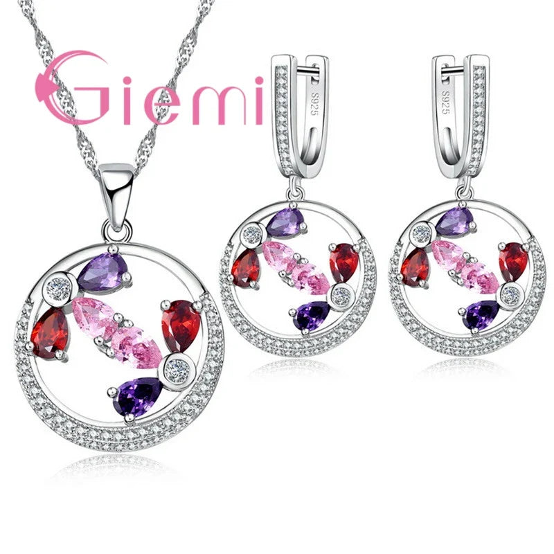 Fashion Engagement Fine Jewelry Sets Hot Hollow Round Shape Luxury 925 Sterling Silver  Necklace Earrings for Women Female