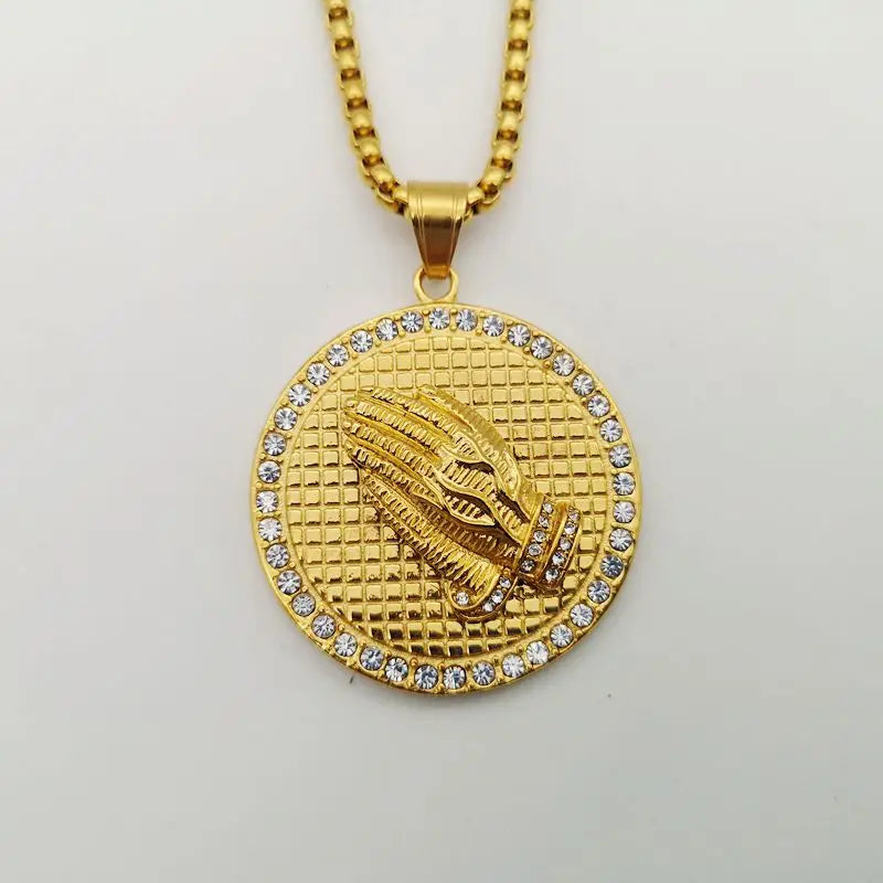 Rhinestones Praying hands pendant necklace Gold color Stainless steel round Praying hands medal necklace jewlery BLKN0798