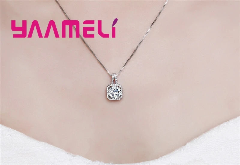 100% 925 Sterling Silver Pendant Necklaces Collar for Women Wedding Engagement Dazzling Square Cubic Zircon with Box Chain