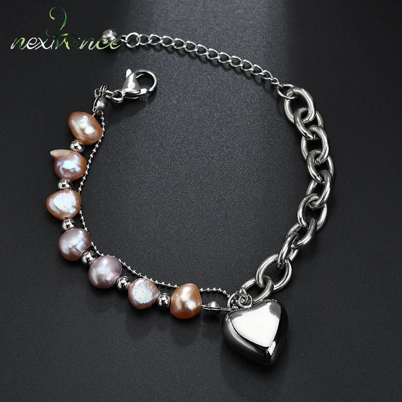 Nextvance Silver Color Heart Pendant Bracelets  Beaded Bracelet For Valentines Day Gift Adjust Length Jewlery