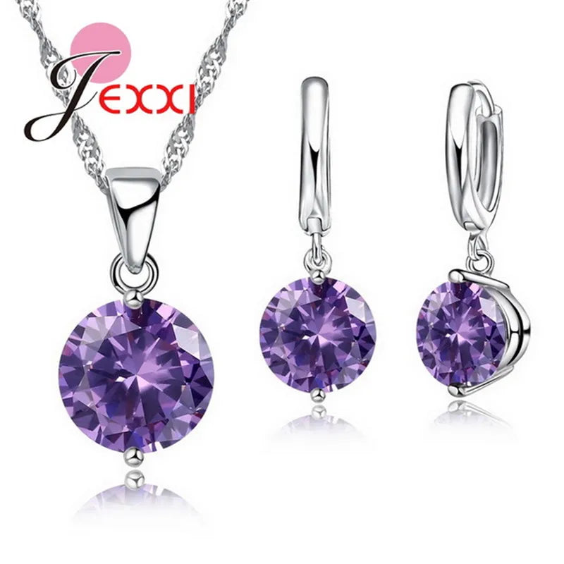 Trendy 8 Colors Cubic Zirconia 925 Sterling Silver Drop Earrings Necklace Set Women Wholesale Statement Jewelry Sets Gifts