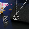 925 Sterling Silver Cubic Zirconia Double Heart Simple Female Necklace Earrings Set Birthday Anniversary Gift Party Daily