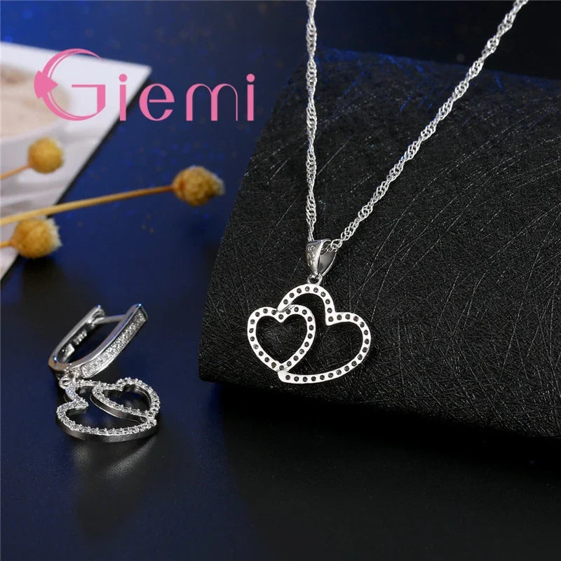 925 Sterling Silver Cubic Zirconia Double Heart Simple Female Necklace Earrings Set Birthday Anniversary Gift Party Daily