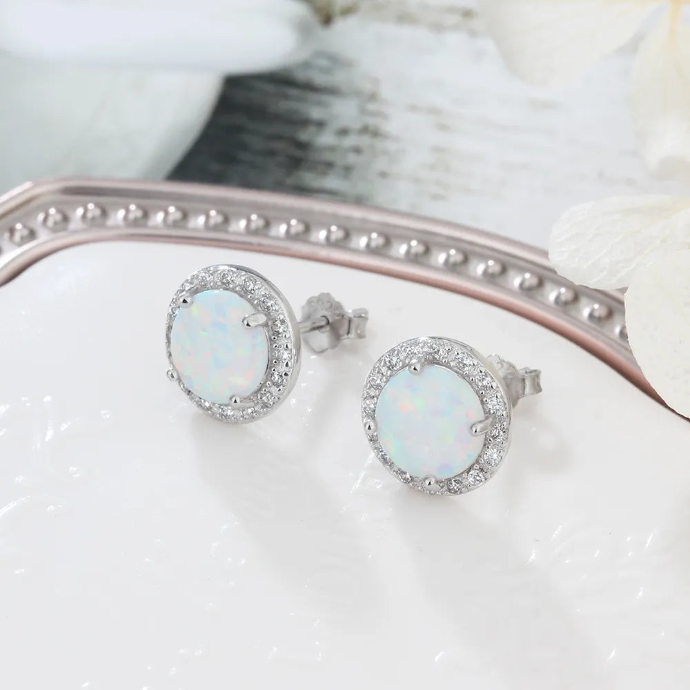 10mm Blue Opal Stone 925 Sterling Silver Stud Earrings Ocean